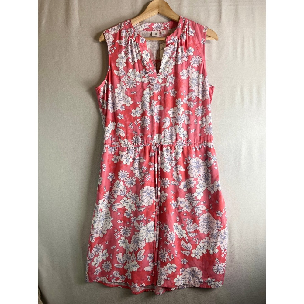 Gap Factory Pink Floral Sleeveless Split Neck Drawstring Waist Dress Medium NWT